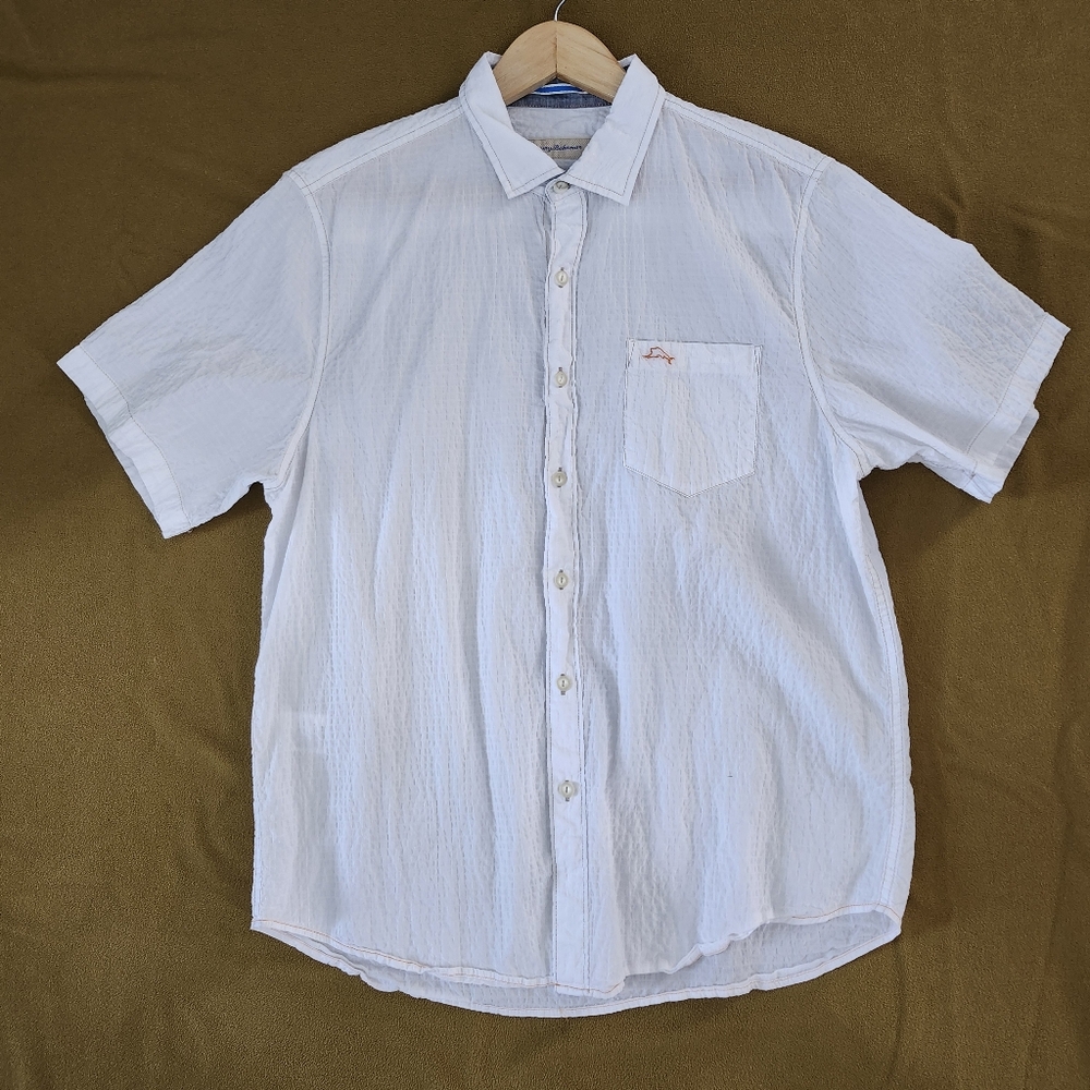 TOMMY BAHAMA Men's White Seersucker Short Sleeve‎ Button Down Shirt Cotton Large